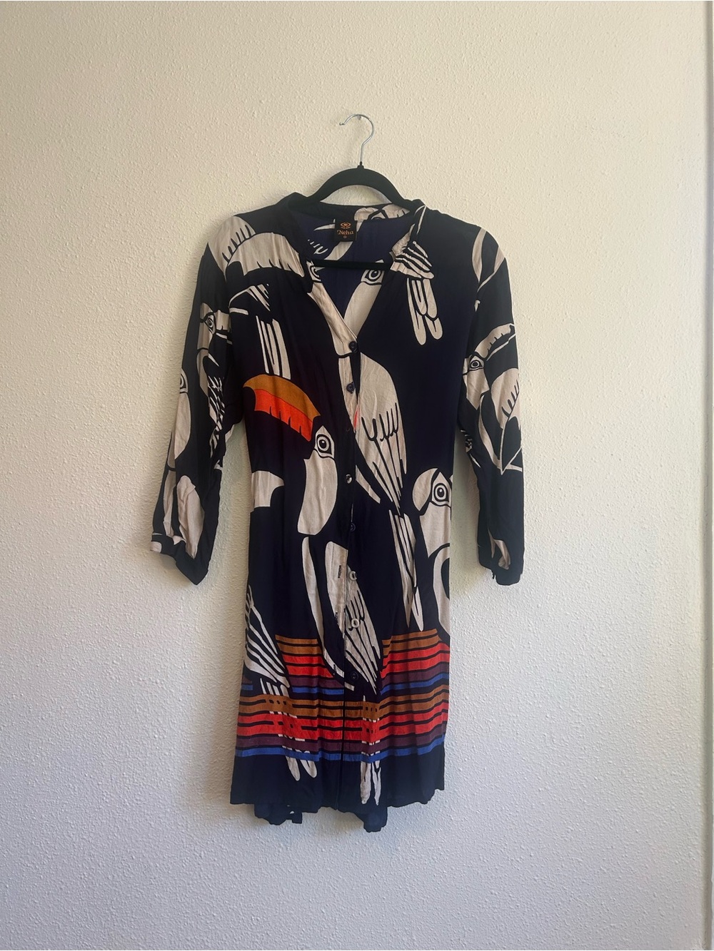 Tropical Toucan tButton-Front Dress in Navy & white with Colorful Stripe Hem